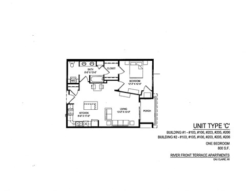 Floor plan for 1 bed, 1 bath, 920 sqft